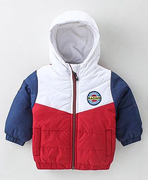 Babyhug Woven Full Sleeves Padded Hooded Jacket with Cut & Sew Design & Patch Detailing - Red & White