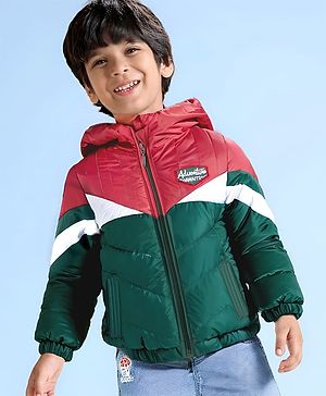 Babyhug Woven Full Sleeves Hooded Padded Jacket With Colour Block Design - Red White & Green