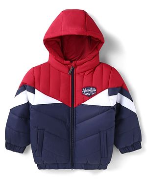 Babyhug Woven Full Sleeves Padded Hooded Jacket with Cut & Sew Design & Patch Detailing - Red White & Navy Blue