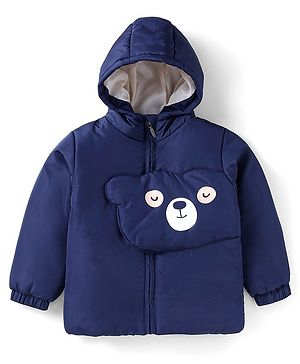 Babyhug Woven Full Sleeves Padded Hooded Jacket With Bear Applique - Navy Blue