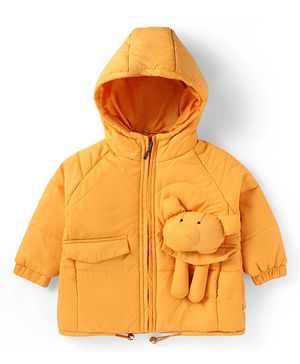 Babyhug Woven Full Sleeves Padded Hooded Jacket With Animal Applique - Orange