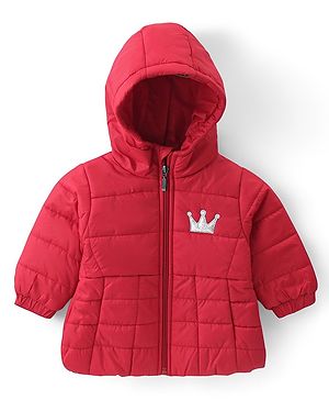 Babyhug Woven Full Sleeves Padded Hooded Jacket with Crown Patch Applique - Red