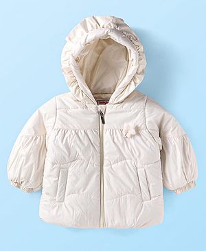 Babyhug Woven Full Sleeves Hooded Padded Jacket With Floral Applique - Off White
