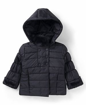 Babhug Woven Full  Sleeves Solid Color Padded Quilted Jacket with Detachable Hood - Black