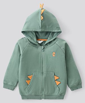 Bonfino 100% Cotton French Terry Knit Full Raglan  Sleeves Zipper Hooded Sweatjacket with Dino Chest Print & 3D Applique - Sea Green