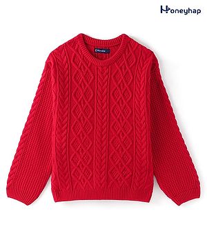 Honeyhap Premium Knitted Full Sleeves Front Open Sweater With Cable Knit Design - Red