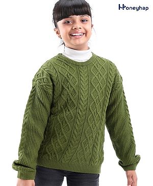 Honeyhap Premium Knitted Full Sleeves Pullover Sweater with Cable Knit Design - Olive Green