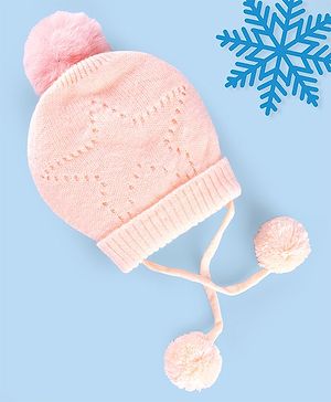 Babyhug Woollen Tie Knot Cap with Pom Pom - Peach