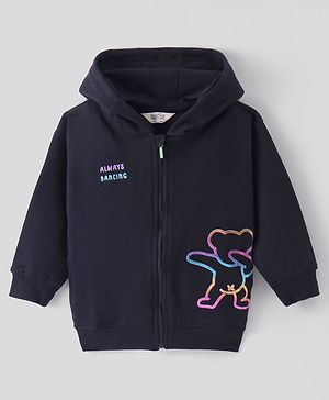 Bonfino 100% Cotton French Terry Knit Full Sleeves Drop Shoulder Hooded Sweatjacket with Front Zipper & Holographic  Bear Print - Black