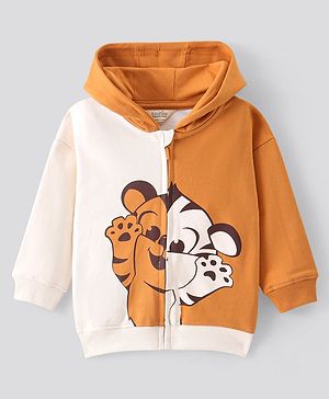 Bonfino 100% Cotton French Terry Knit Full Drop Shoulder  Sleeves Front Zipper   Hooded Sweatjacket with Chest Tiger Print - Off White & Orange