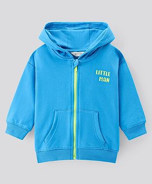 Bonfino 100% Cotton French Terry Knit Full Sleeves Front Open Drop Shoulder Hooded Sweatjacket with Text Print - Sky Blue