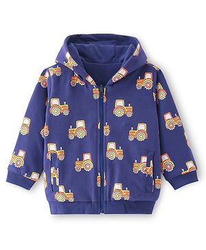 Bonfino 100% Cotton French Terry Knit Full Sleeves Front Open Hooded Sweatjacket with Vehicles Print - Blue