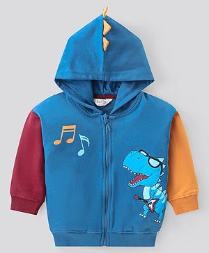 Bonfino 100% Cotton French Terry Knit Full Sleeves Colour Block Drop Shoulder Front Zipper Hooded Sweatjacket  with Dino Chest Print & Applique - Blue