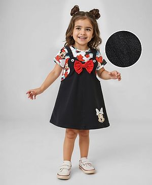 Babyhug Disney Single Jersey Knit Half Sleeves T-Shirt & Denim Frock Set with Minnie Mouse Graphic - White & Black