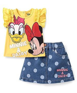 Babyhug Disney Single Jersey Knit Frill Sleeves Top & Denim Skirt Set With Minnie Mouse & Friends Graphics - Yellow