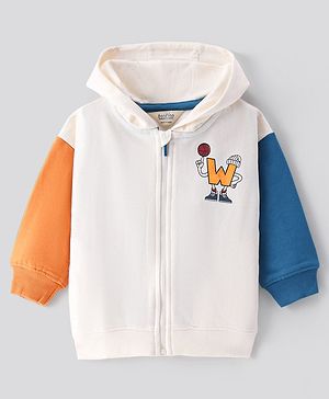 Bonfino 100% Cotton French Terry Full Sleeves Colour Block Drop Shoulder Zipper Hoodie With Chest and Back Text Print - White