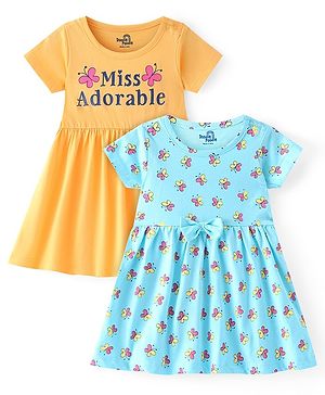 Doodle Poodle  Cotton Knit Half Sleeves Butterfly & Text Printed A Line Frocks with Bow Applique - Light Blue & Yellow