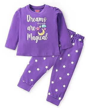 Babyhug Cotton Knit Full Sleeves Night Suit with Star & Text Print - Violet
