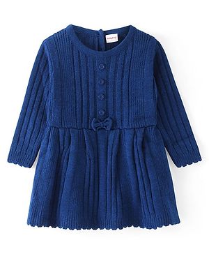 Babyhug Knitted Full Sleeves Winter Dress with Bow Applique - Royal Blue