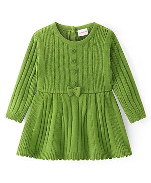 Babyhug Knitted Full Sleeves Winter Dress with Bow Applique - Green