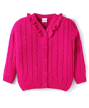 Babyhug Knitted Full Sleeves Front Open Sweater with Cable Knit Design & Frill Detailing - Dark Pink