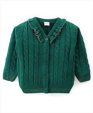 Babyhug Knitted Full Sleeves Cable Knit Designed Front Open Sweater with Frill Detailing - Dark Green