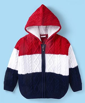 Babyhug Knitted Full Sleeves Front Open Hooded Sweater With Colour Block - Red