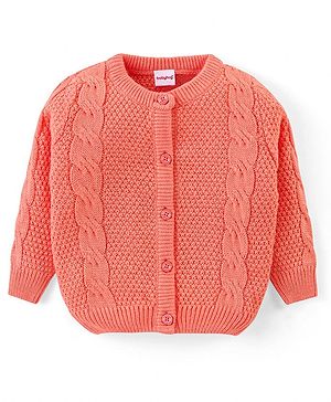 Babyhug Knit Full Sleeves Front Open Sweater with Cable Knit Design - Orange