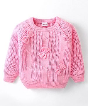 Babyhug Knit Full Sleeves Pullover Sweater with Bow Applique - Light Pink