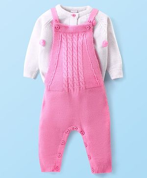 Babyhug Knit Full Sleeves Winter Wear T-Shirt & Dungaree Set with Pom Pom & Cable Knit Detailing - Pink & White