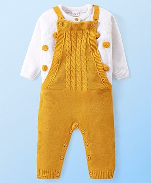 Babyhug Knitted Full Raglan Sleeves T-Shirt with Cable Knit Designed Dungaree - Mustard & White