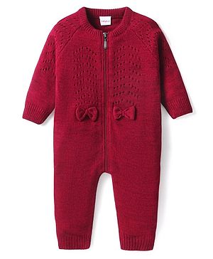 Babyhug Knitted Full Raglan Sleeves  Winter Romper with Bow Applique  - Maroon