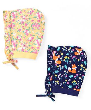 Babyhug 100% Cotton Knit Floral & Fox Printed Caps with Knit Pack of 2  - Navy Blue & Yellow
