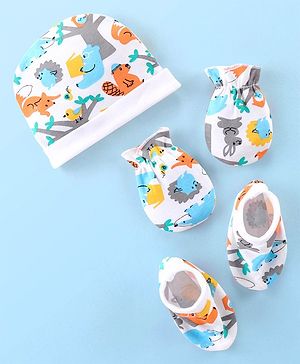 Babyhug 100% Interlock Cotton Knit Cap Mittens & Booties Set with Animal Print - Multicolor