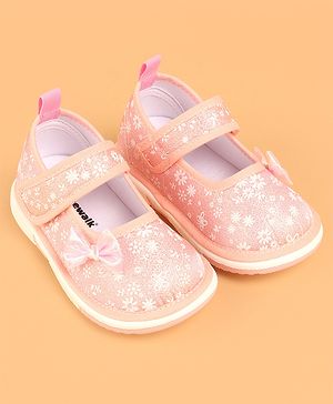 Cute Walk by Babyhug Casual Shoes With Velcro Closure & Bow Applique - Peach (Flower Colour May Vary)