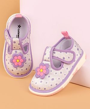 Cute Walk by Babyhug Velcro Closure Casual Shoes With Polka Dot Print & Flower Applique - Purple