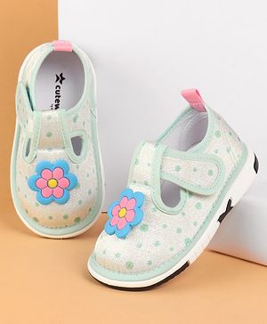 Cute Walk by Babyhug Velcro Closure Casual Shoes With Polka Dot Print & Flower Applique - Green