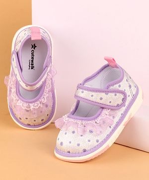 Cute Walk by Babyhug Velcro Closure Casual Shoes With Polka Dot Print & Lace Detailing - Purple
