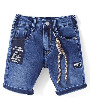 Ruff Knee Length Denim Jamaican with Text Patch - Blue