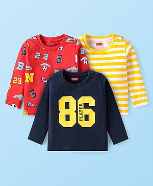 Babyhug Cotton Knit Full Sleeves T-Shirts With Text & Stripes Print Pack of 3 - Red Navy Blue & Yellow