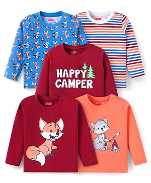 Babyhug Cotton Knit Full Sleeves T-Shirts With Strips & Animal Print Pack of 5 - Dark Red & Blue