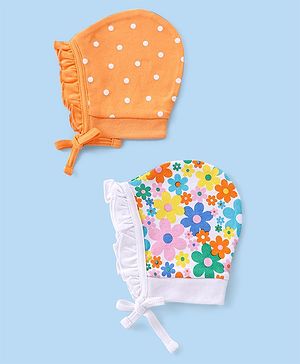 Babyhug 100% Cotton Knit Cap with Floral & Polka Dots Print Pack of 2 - Orange & White