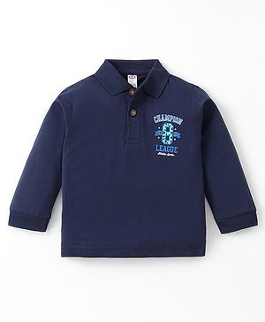 Zero Sinker Knit Full Sleeves Polo T-Shirt with Number Print - Navy