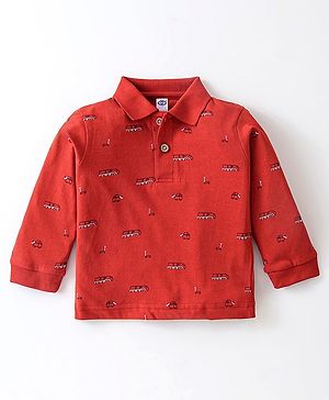 Zero Sinker Knit Full Sleeves  Polo  T-Shirts with Vehicle  Print - Red