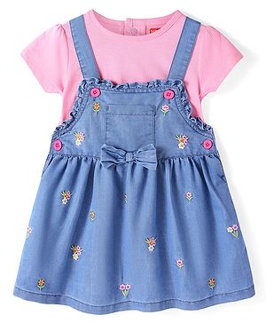 Babyhug Denim Woven Frock With Half Sleeves Inner Tee Floral Embroidery & Bow Applique - Blue