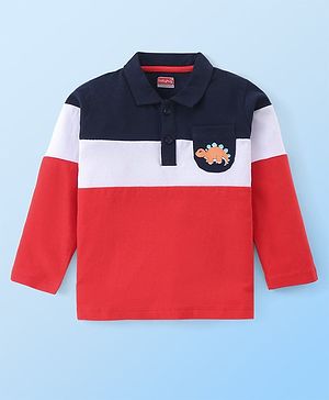 Babyhug Cotton Knit  Full Sleeves Polo T-Shirt with Dino Print - Red Blue & White