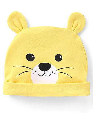 Babyhug Interlock Knit Cap With Bear Print & Applique - Yellow