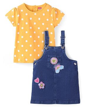 Babyhug Denim Knit Embroidered Frock With Half Sleeves Polka Dots Printed Inner Tee - Navy & Yellow