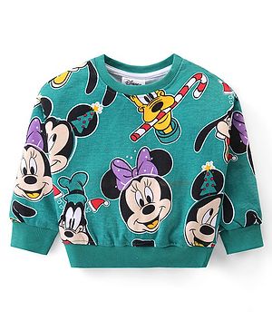 Babyhug Disney Terry Knit Full Sleeves Oversized and Drop Shoulder Sweatshirt With Mickey Mouse Graphics - Green