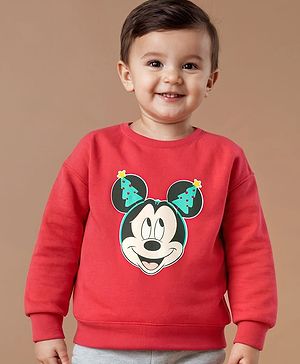 Babyhug Disney Terry Knit Full Sleeves Sweatshirt With Front & Back Mickey Mouse Graphics - Red